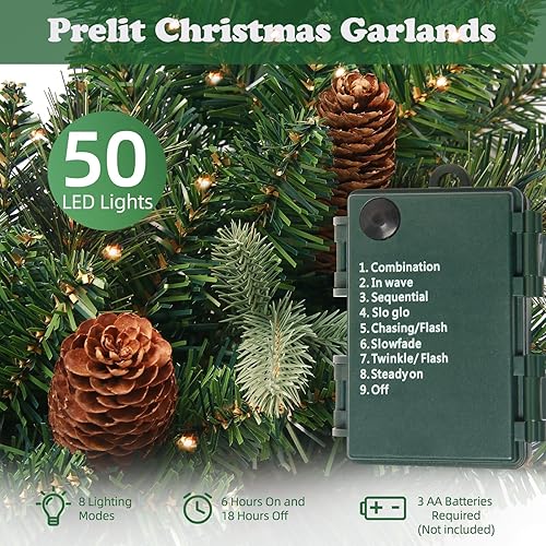 Miniatura 4 de Guirnalda de Navidad de 9 pies con piñas, Guirnalda de Navidad Preiluminada Follaje Verde para Exteriores Guirnalda de Pino Iluminada, Guirnalda