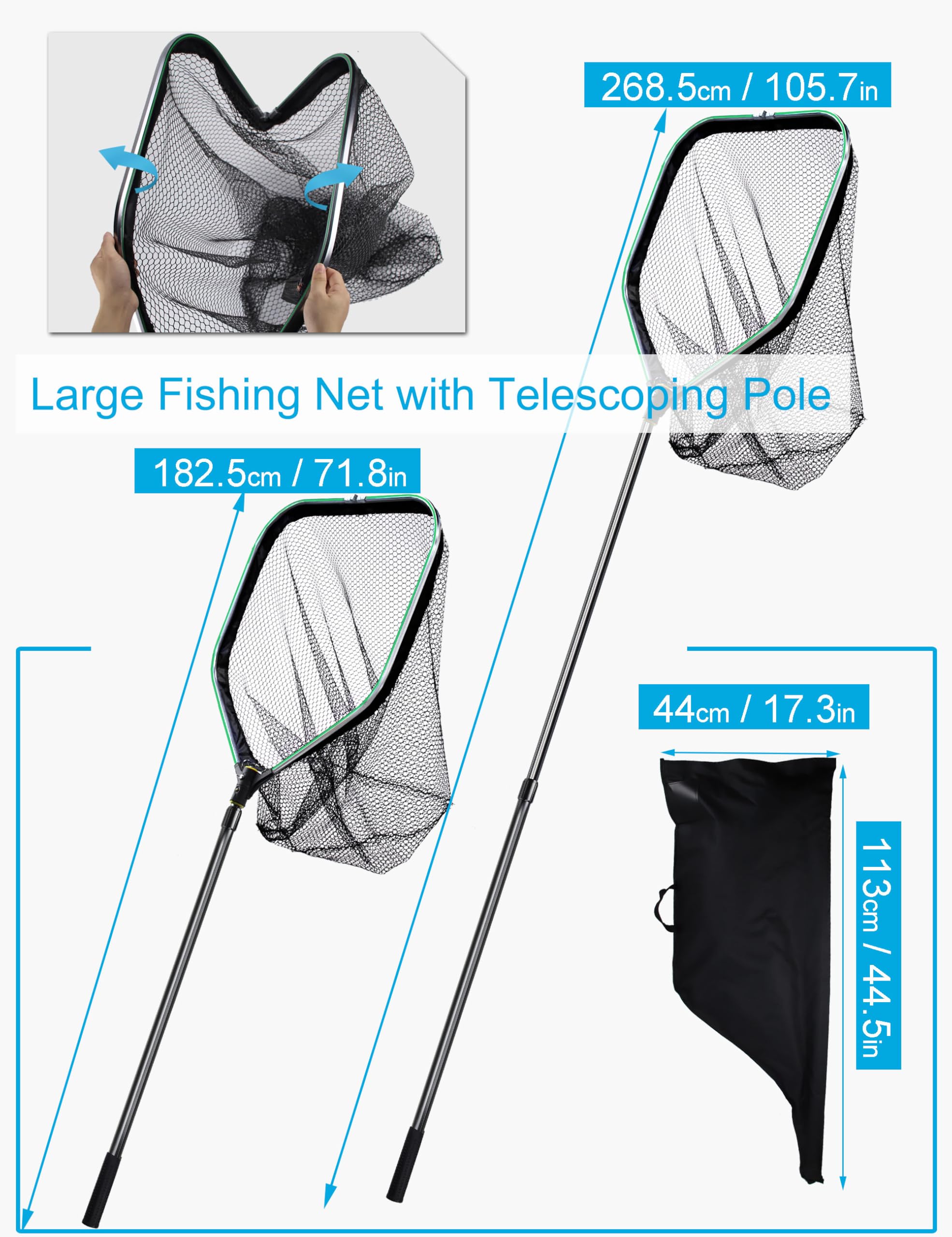 Facikono Saltwater Large Fishing Net with Handle Rubber Fishing Nets for Boat & Kayak Large Fishing Landing Net with Telescoping Pole Handle Mesh Fish Net Extend to 75.8-105.7in Net Depth 26.8in