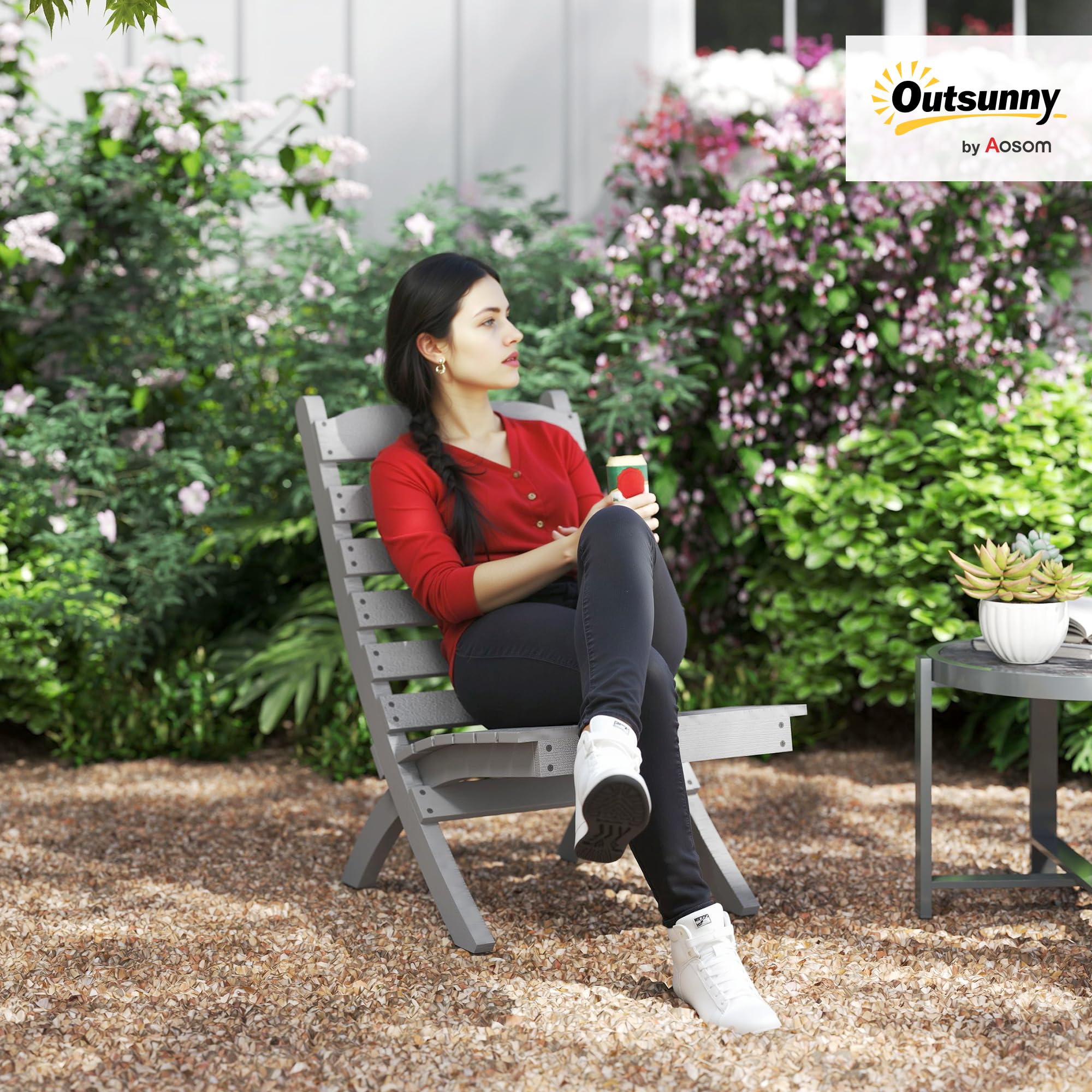 Outsunny Silla de Jardín de Madera Silla de Exterior con Diseño Listones y Respaldo Inclinado Carga 120 kg para Balcón Patio Terraza 78x48x76 cm Gris