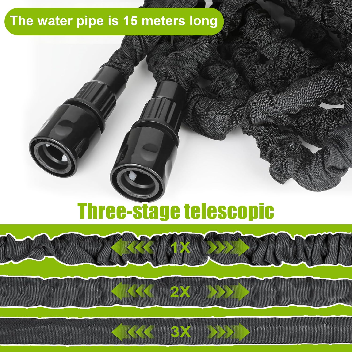 Manguera Extensible 15m, Mangeras Jardineria con Pistola de 8 Funciones, Manguera Jardín, Mangeras Flexible para Jardinería, Man-guera Flexible y Ligera con 3/4" 1/2" Conector, Soporte de Pared, Negro