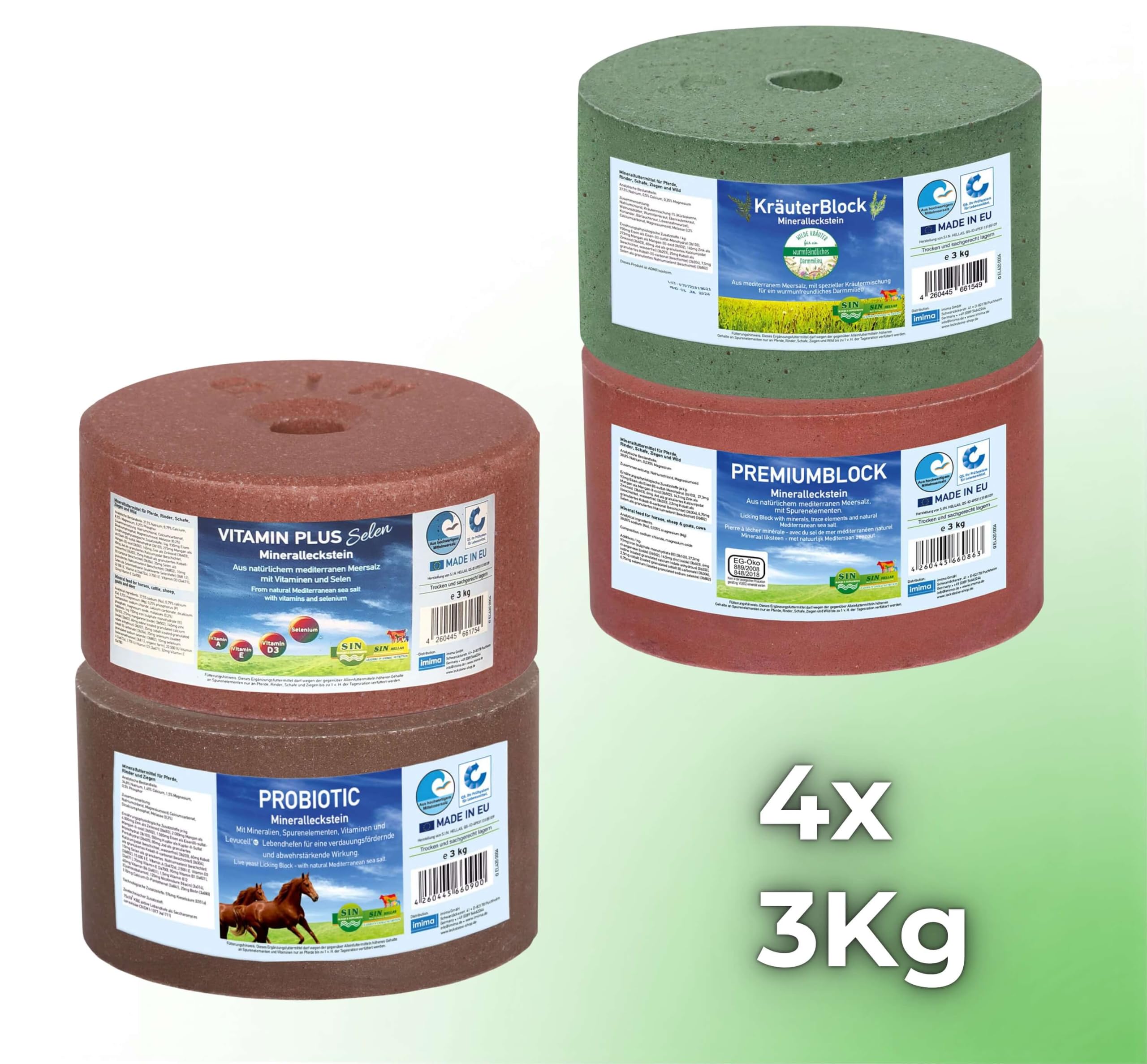 Lecksteine-Bar Premium Set 4X 3kg mit KräuterBlock, PROBIOTIC, MultiVitamin BRONCHIAL, PREMIUMBLOCK Salzleckstein Set 4 x 3 kg - Salzlecksteine für Pferde, Schafe, Ziegen, Wild und Rind