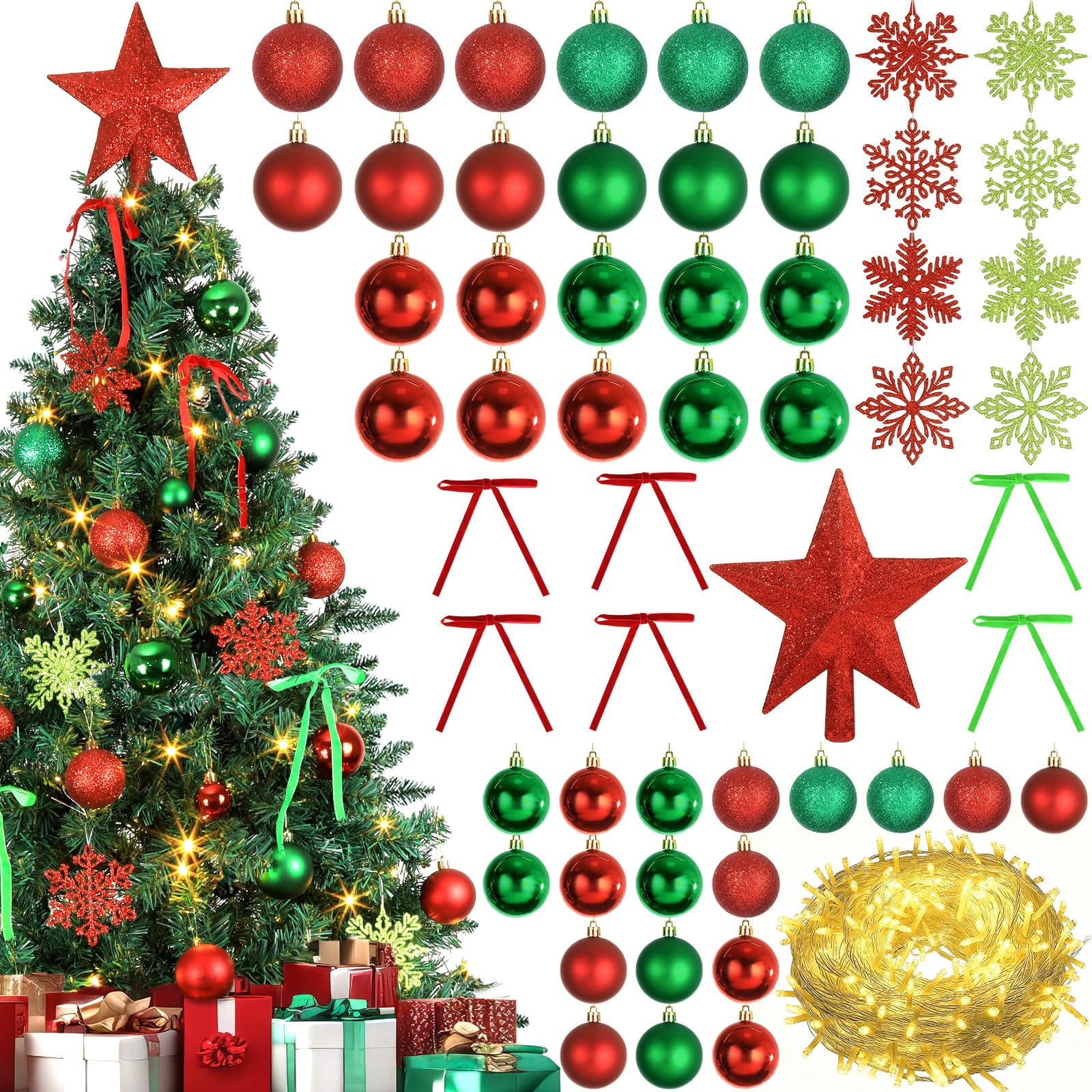 Décoration de sapin de Noël avec guirlande lumineuse 20m 100 LED rouge et verte et boules