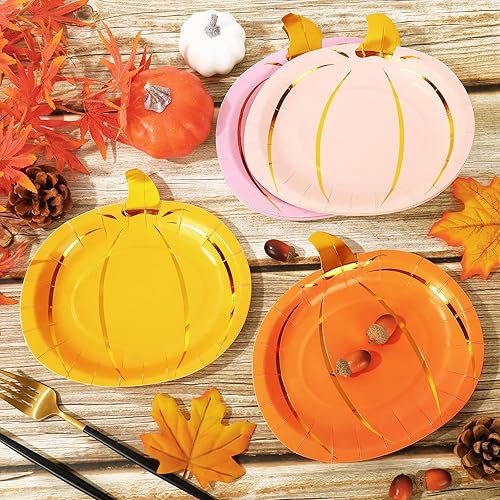 Miniatura 4 de 40 platos de papel de calabaza de otoño de lámina dorada, platos desechables de cosecha de Acción de Gracias, coloridos para otoño, vacaciones,