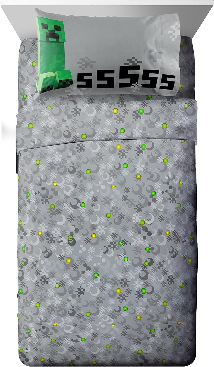 Jay Franco Mojang Minecraft Spawn Gray 4 Piece Full Sheet Set with Creeper…