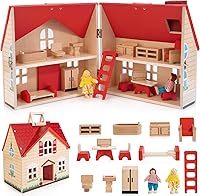 Foldable Wooden Dollhouse for Kids: 13PCS Furniture, 4 Rooms, 2 Flexible Dolls, Portable Pretend Play Cottage - Ages 3+ Birthday Gift