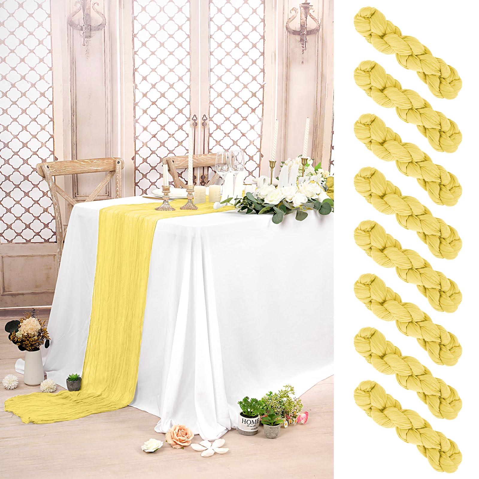 Lot de 8 Chemins de Table en Étamine Jaune, 90 x 300 cm en Tissu Gaze Rustique Bohème - Chemin de Table en Étamine Longue Nappe pour Mariage, Fête, Décoration