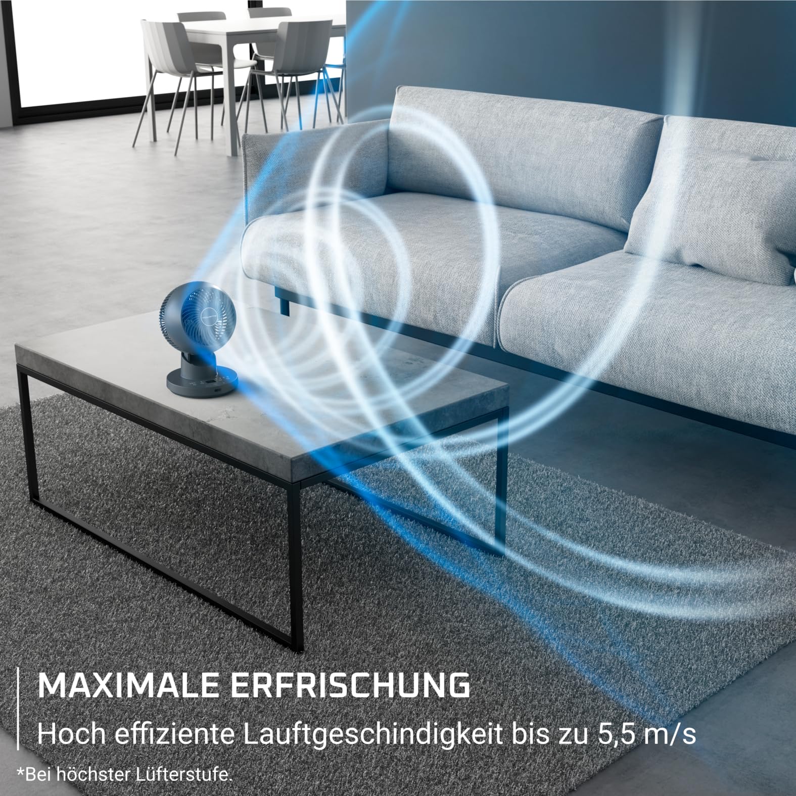 Rowenta Turbo Swift Compact Tischventilator, multidirektionale Schwenkfunktion, bis zu 50% Energieeinsparung, 12 Geschwindigkeitsstufen, 12h Timer, kompaktes Design, extrem leise, Blau, QV2540F0