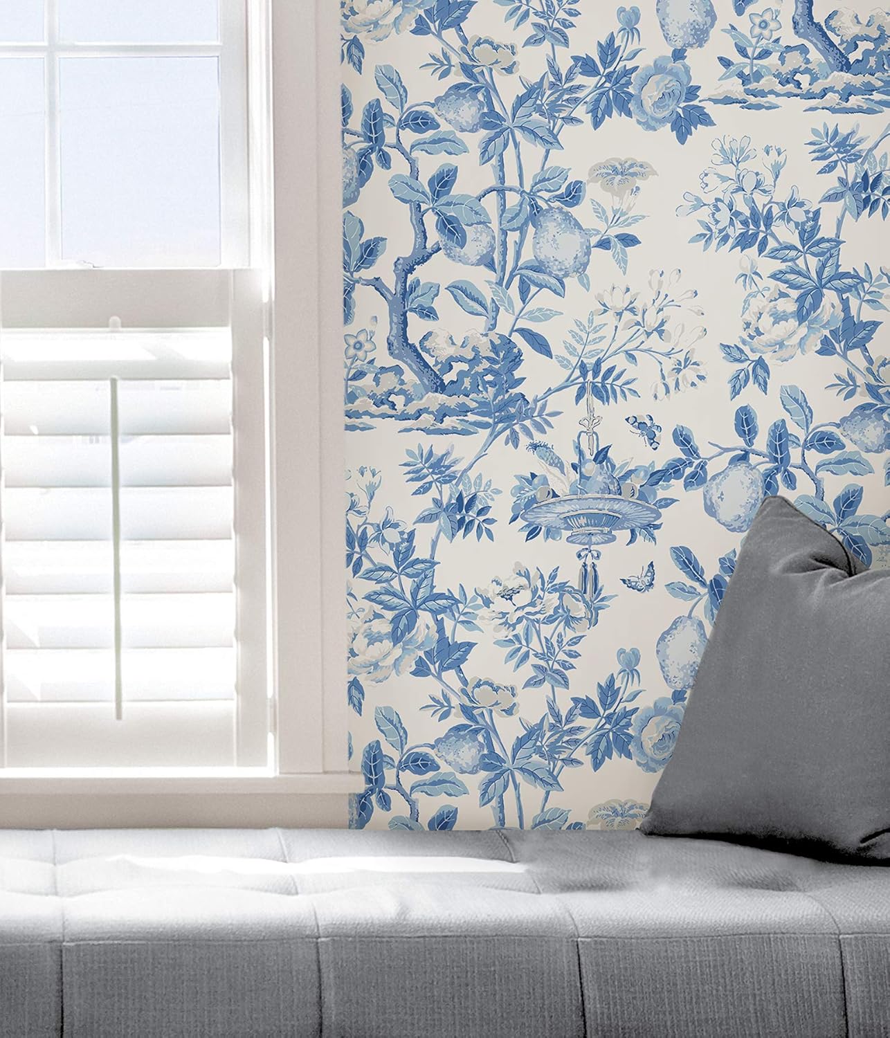 Scalamandre SCS3842 Delft Shantung Garden Wallpaper, Blue