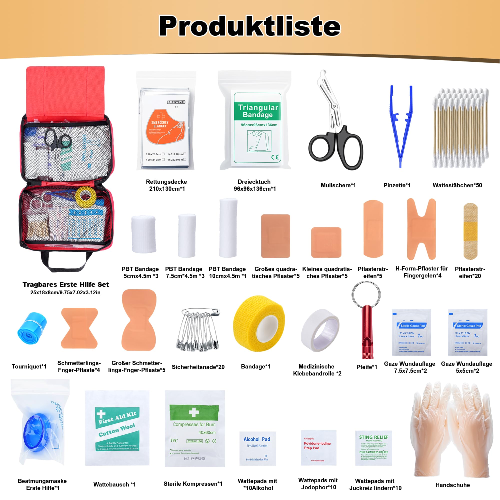 Kit de primeros auxilios botiquin de primeros auxilios 170 piezas, 25x18x8cm kit supervivencia kit emergencia para coche casa lugar trabajo mochila y acampar