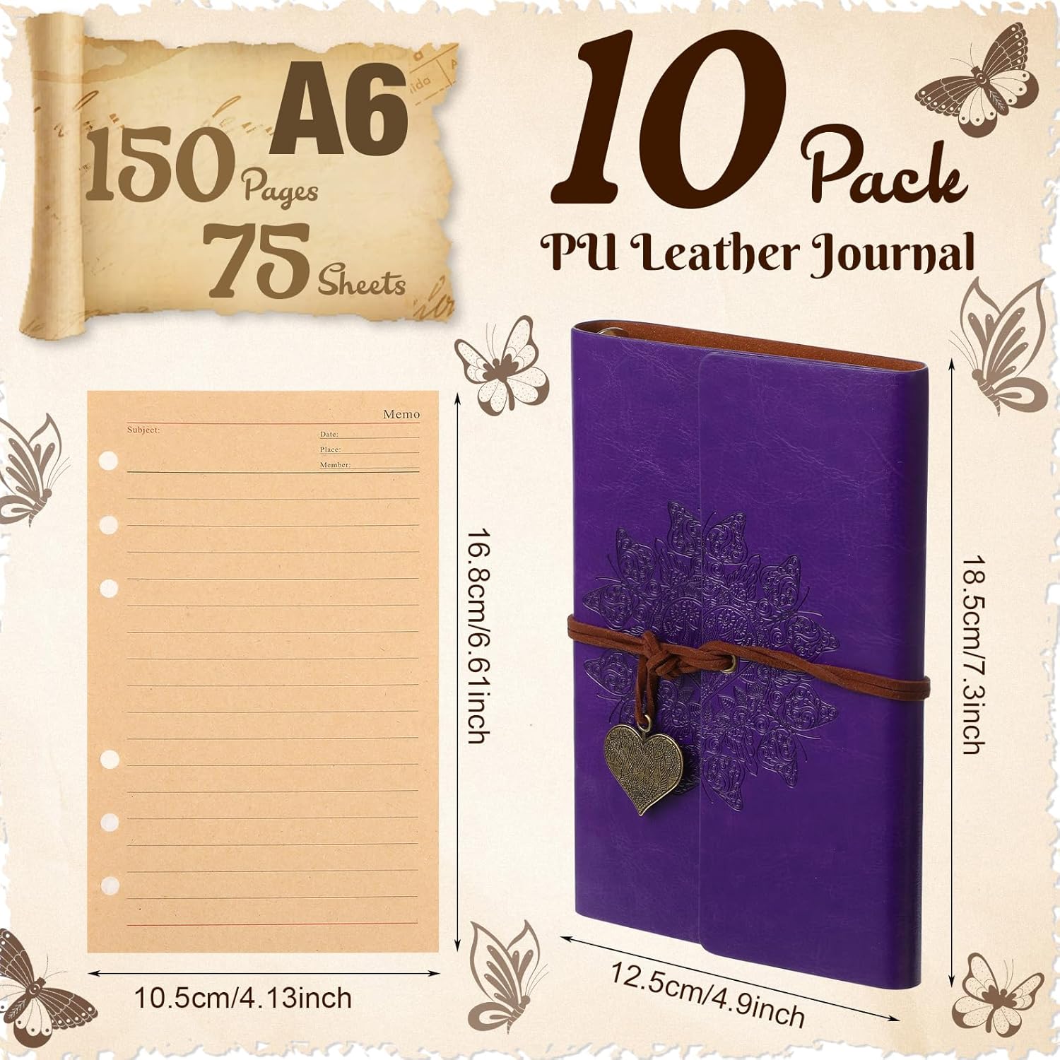 Yeaqee 10 Pack PU Leather Journal Notebook Refillable Travel Vintage Journal 6 Ring Binder Diary with Lined Pages Diary Daily Writing Notepad Gift for Women Girls Boys Classroom Reward, A6 7" x 5" - Image 2