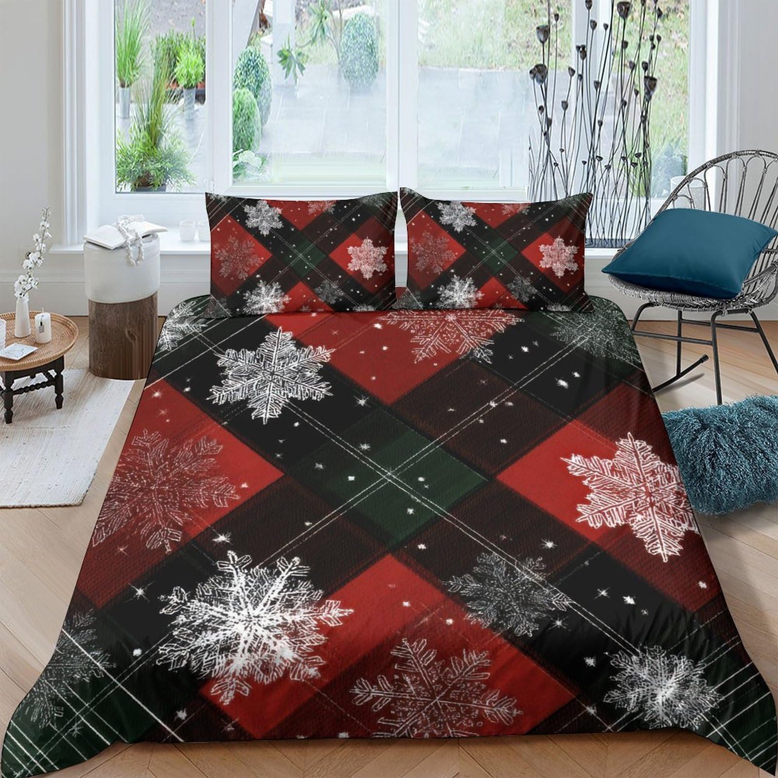 Ctjqhvkz Style-10 3D Printed Red Black Plaid Snowflake Fitted Sheet Microfiber Soft Mattress Cover Winter Bedroom Dorm Bedding Decor Single（135X200cm）