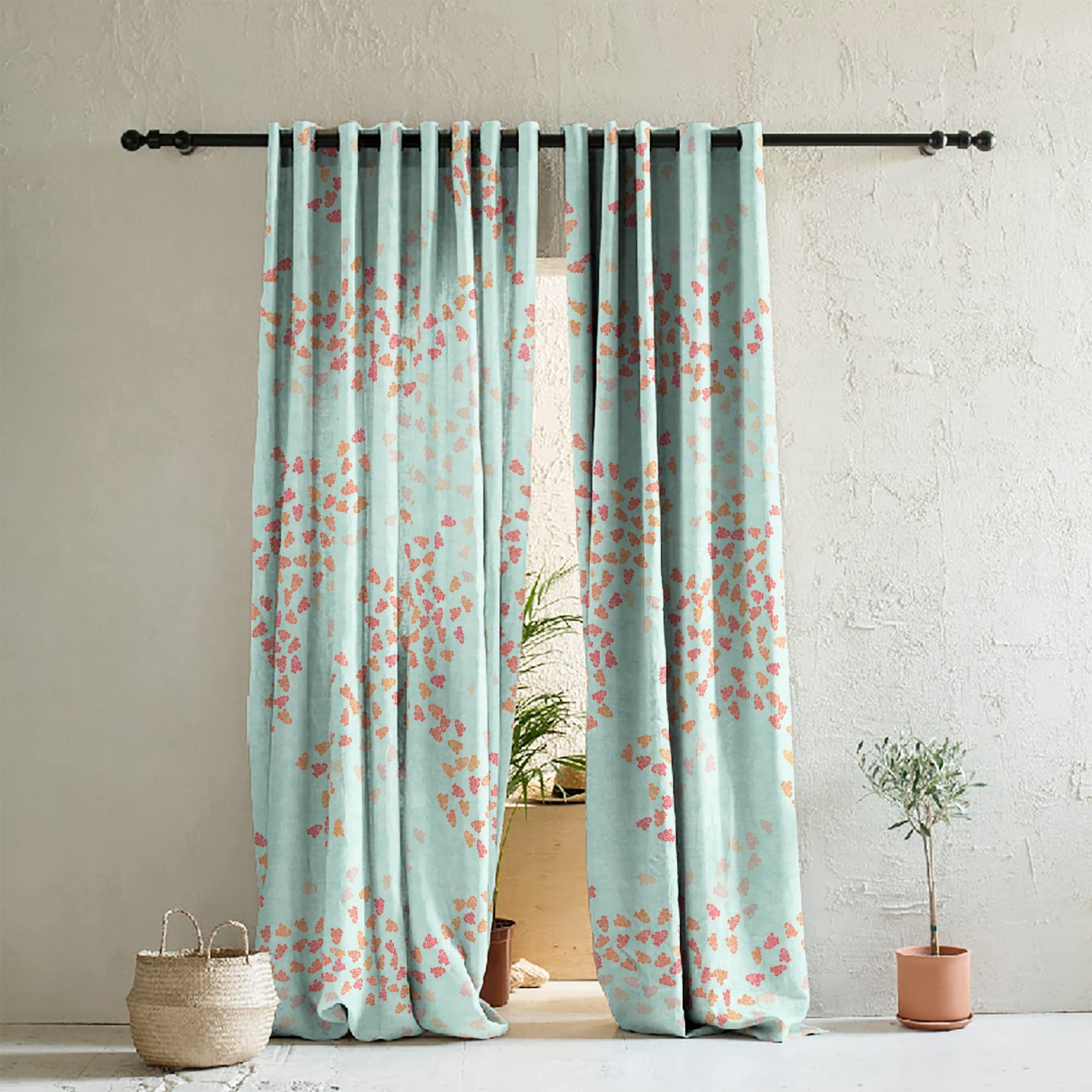 SPACES DRAPE STORY Coral Blue Digital Geometric Print Room Darkening Grommet Curtains, 7 Ft Door Treatments In Heavy Polyester Fabric