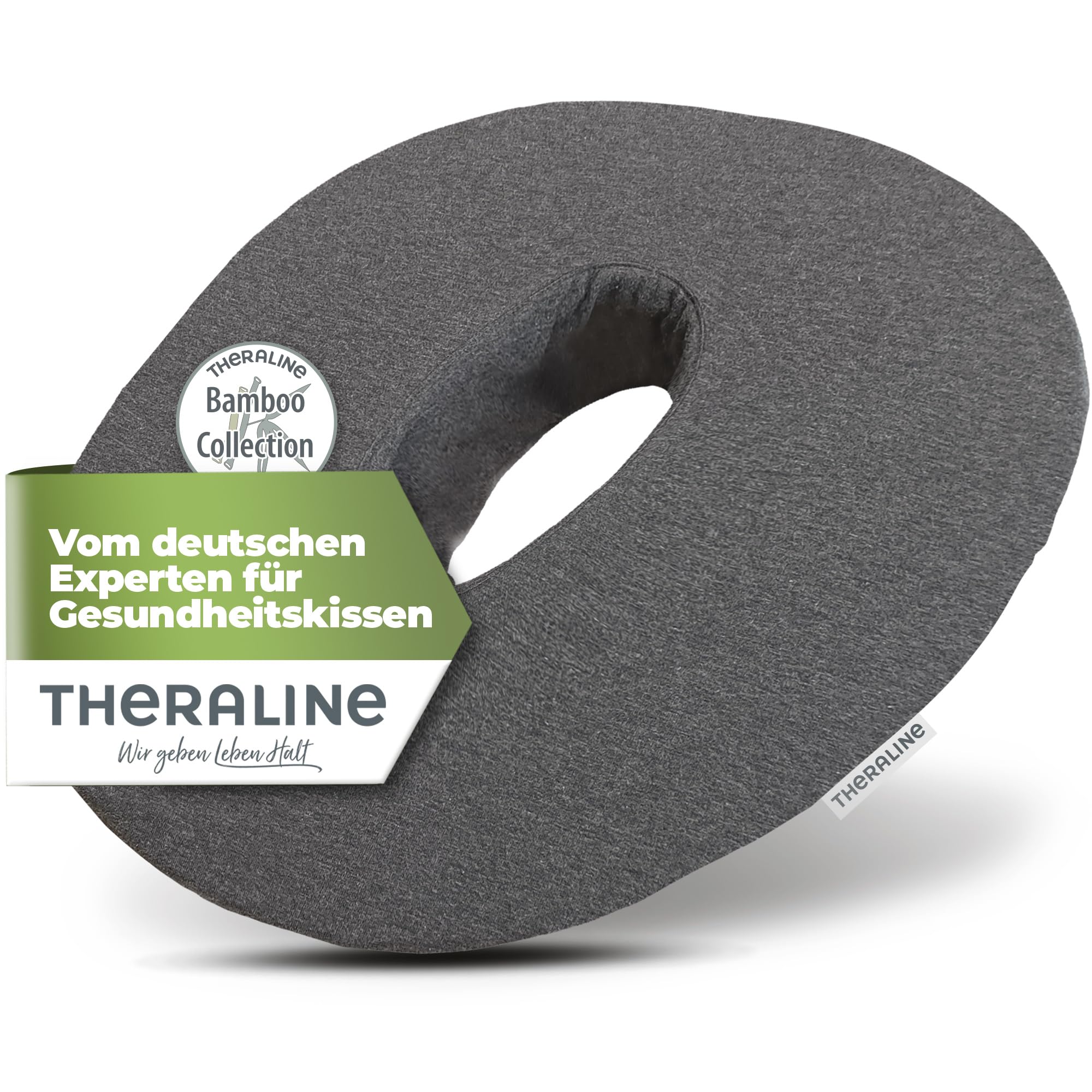 Theraline Ergonomischer Sitzring zur Steißbein Entlastung, Sitzring nach OP, Geburt oder als Hämorrhoiden Sitzkissen, orthopädisches Donut Kissen (Anthrazit Melange) | Entlastendes Ringkissen zum Sitzen & Liegen - OekoTex geprüftes Donut Kissen mit Loch &