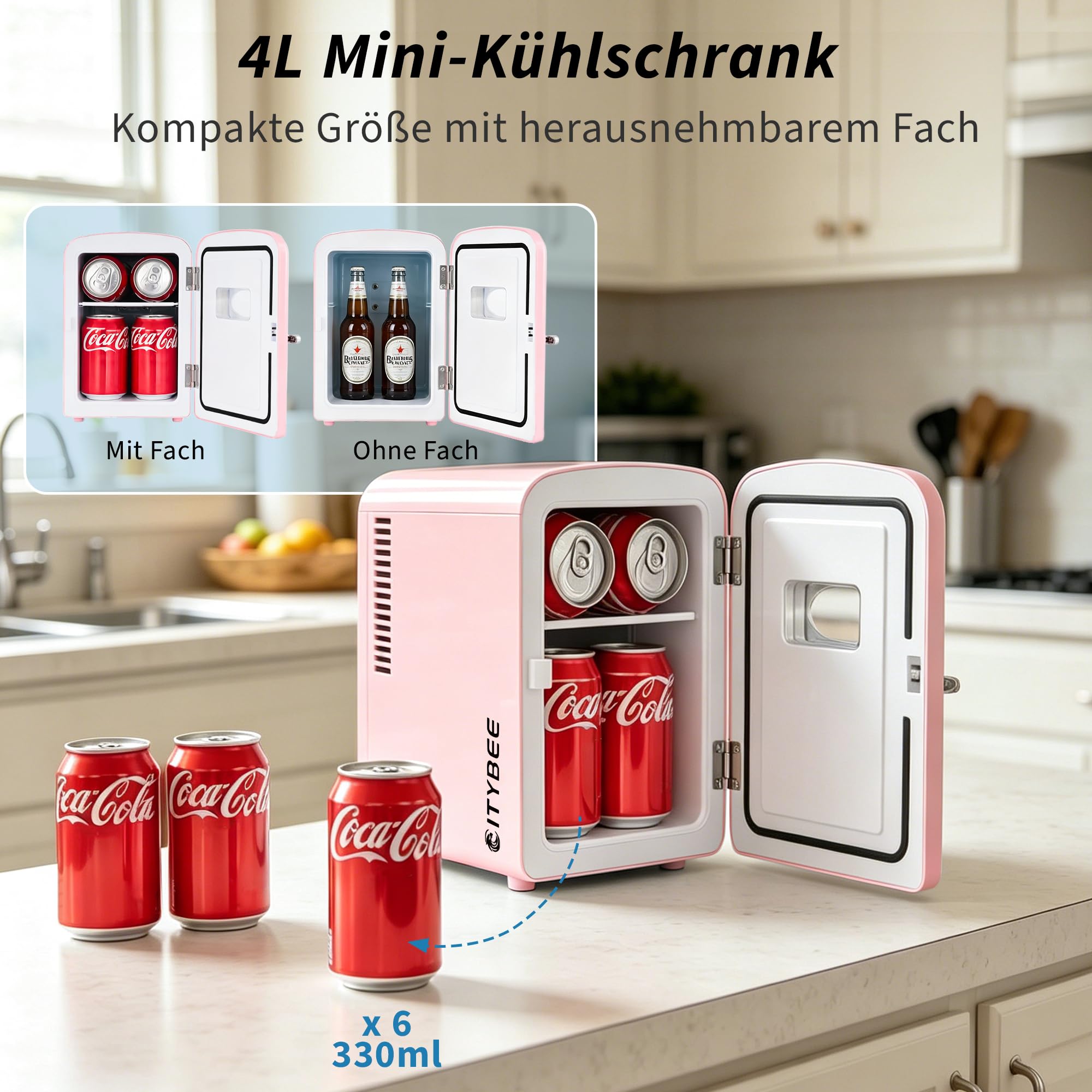 Citybee Mini Kühlschrank 4L mit Kühl- & Heizfunktion 220V AC 12V DC Rosa