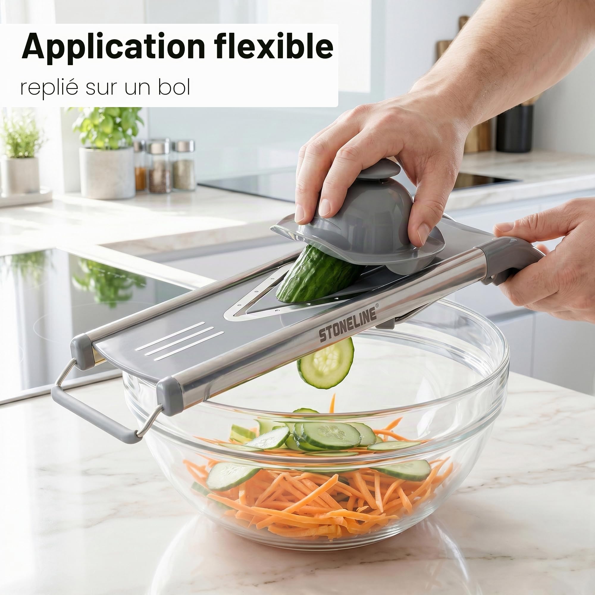 STONELINE Râpe en V, Mandoline à Légumes, polyvalente, pour pour Frites, Coupe-Légumes, avec 5 embouts, Set de 9 Pièces, en Acier Inoxydable