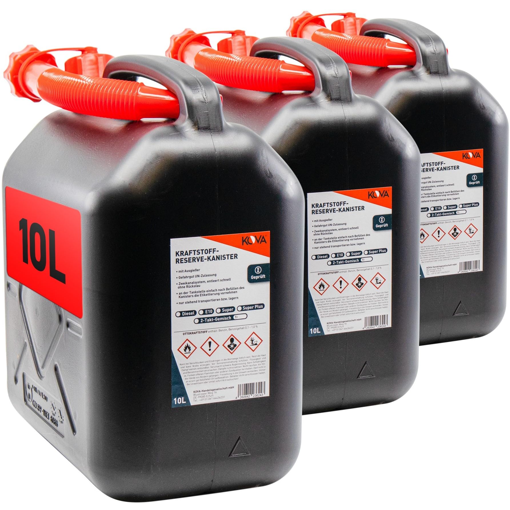 KOVA 3x Benzinkanister 10L SCHWARZ Kunststoff Dieselkanister Reservekanister Kraftstoffkanister 10 L Liter ltr Wasserkanister für Benzin Diesel Wasser AdBlue 10-Liter-Kanister Petrol Can Kanister Auto & Motorrad