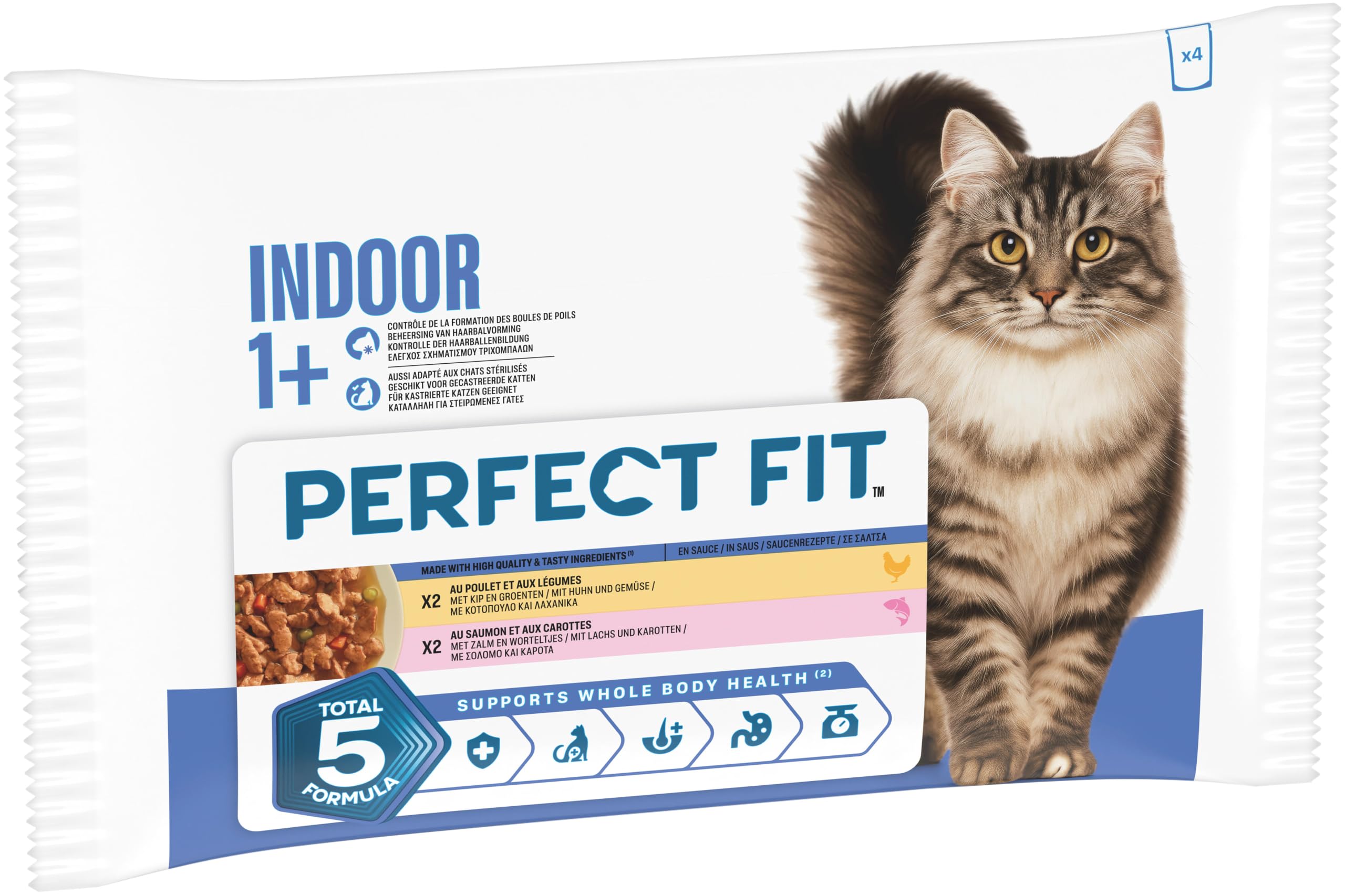 Sachet de Nourriture pour Chat Indoor 1+, 4 x 13 x 85 g au Poulet et aux Petits Pois/au Saumon et aux Carottes (Pack de 52)