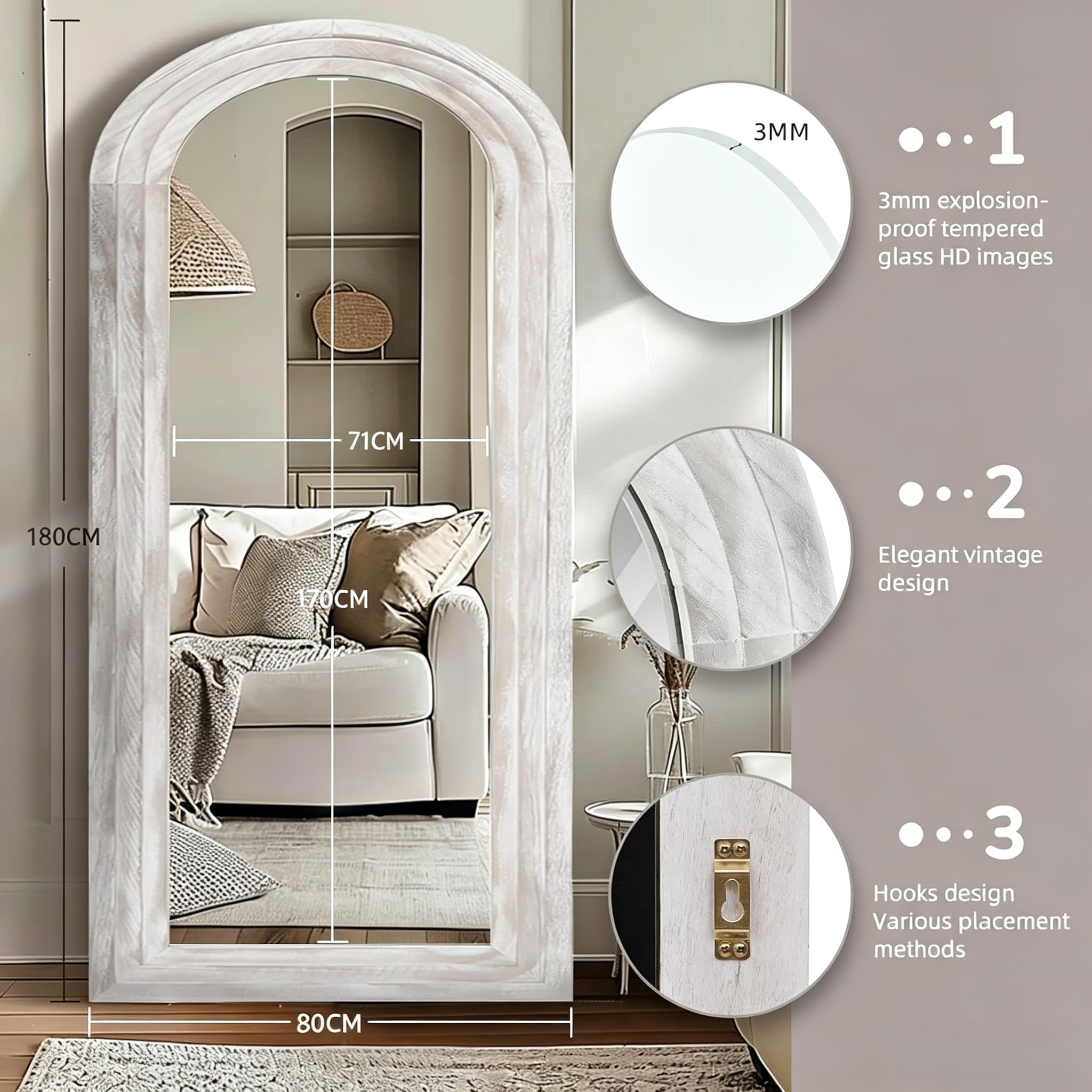 MAXEN Großer Bogen Ganzkörperspiegel 180x80 cm, Gewölbter Standspiegel | Und Wandspiegel Mit Massivholzrahmen, Bauernhaus-Stil, Bruchsicheres Glas, Weiß, Für Schlafzimmer Und Wohnzimmer.