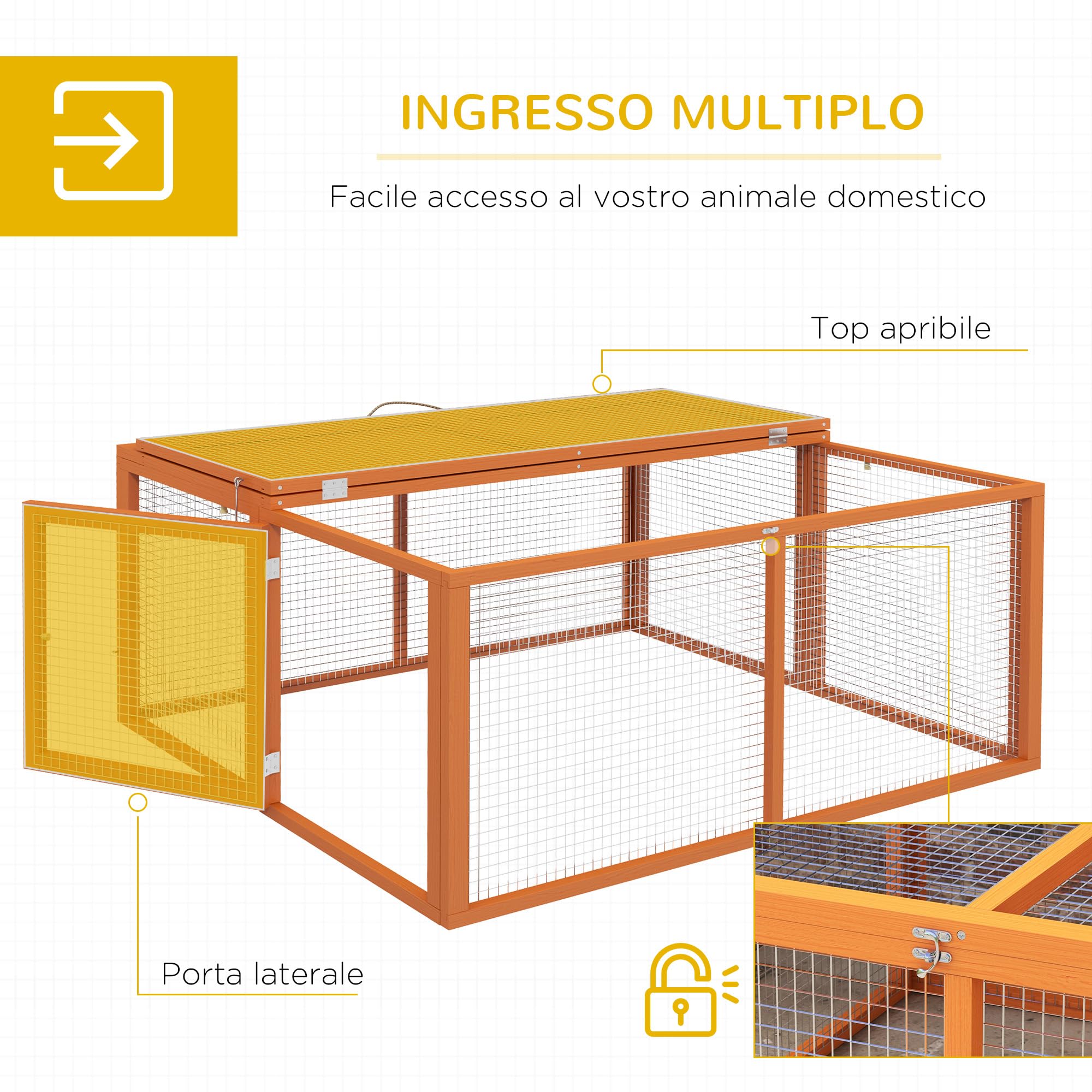 PawHut Conigliera Pieghevole per 2-3 Roditori con Ingressi Multipli, Gabbia per Conigli in Legno e Acciaio, 110x105x50 cm, Arancione