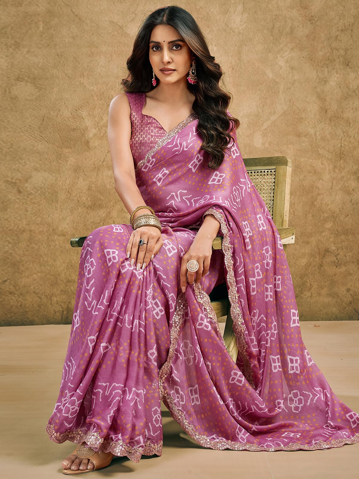 Satrani Women's Chiffon Bandhani Printed Saree With Unstitched Blouse Piece (4011S6285N_Dusty Pink)