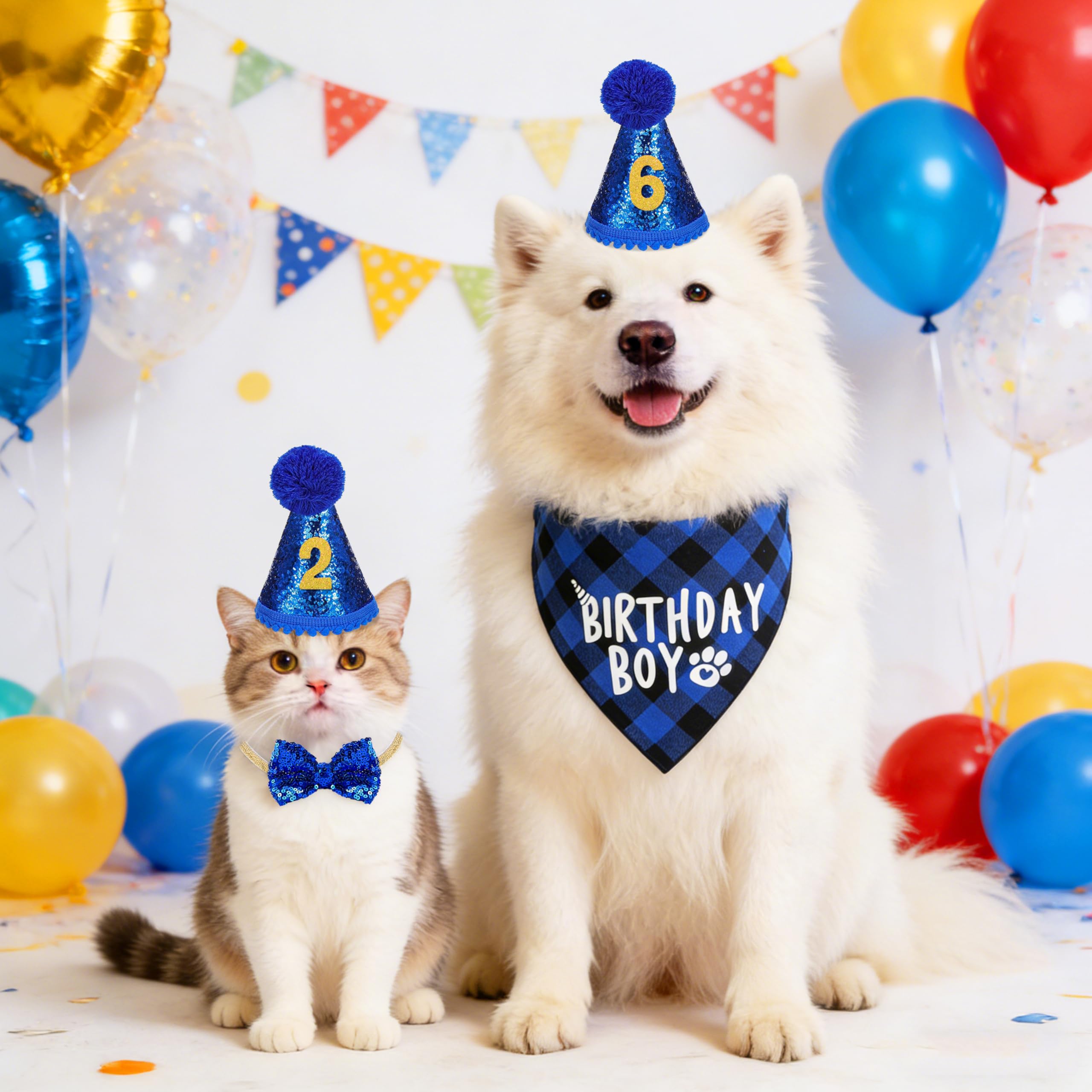 Set di Bandana Compleanno per Cani con Cappello e Pompon, Numeri Bling Adesivi 4 Pezzi Blu
