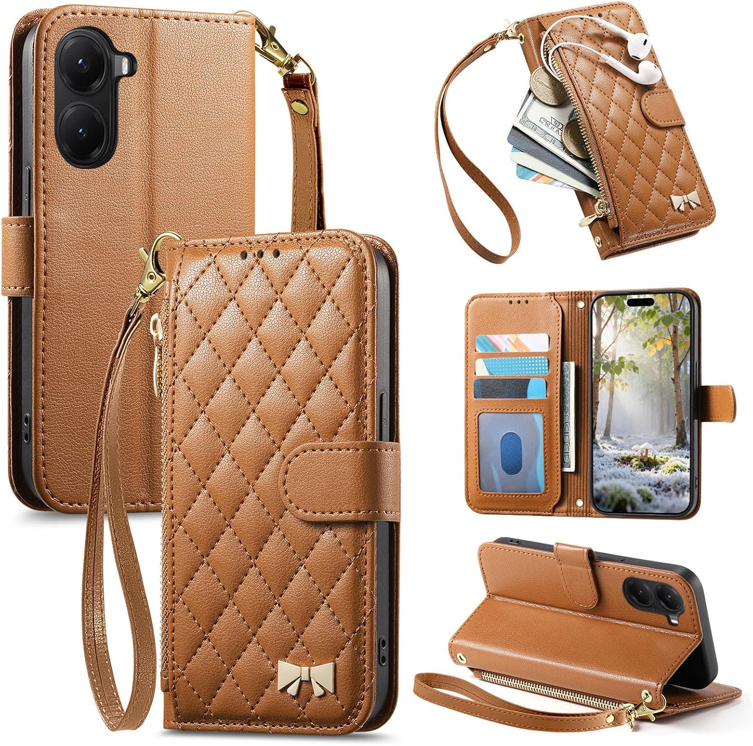 Compatible with Redmi A5 4G (171MM) Compatible with Xiaomi Poco C71 4G Flip Kickstand Zipper Wallet with a Lanyard and Magnetic Closure Phone Case Brown