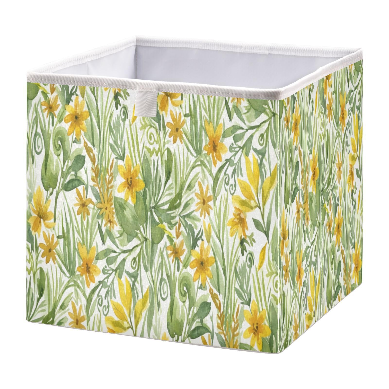 Cgiub A Yellow Flowers Storage Cubes 28X28 Cm Collapsible Decorative Fabric Storage Box Shelves Closet Organiser Bin For Bedroom Nursery Office