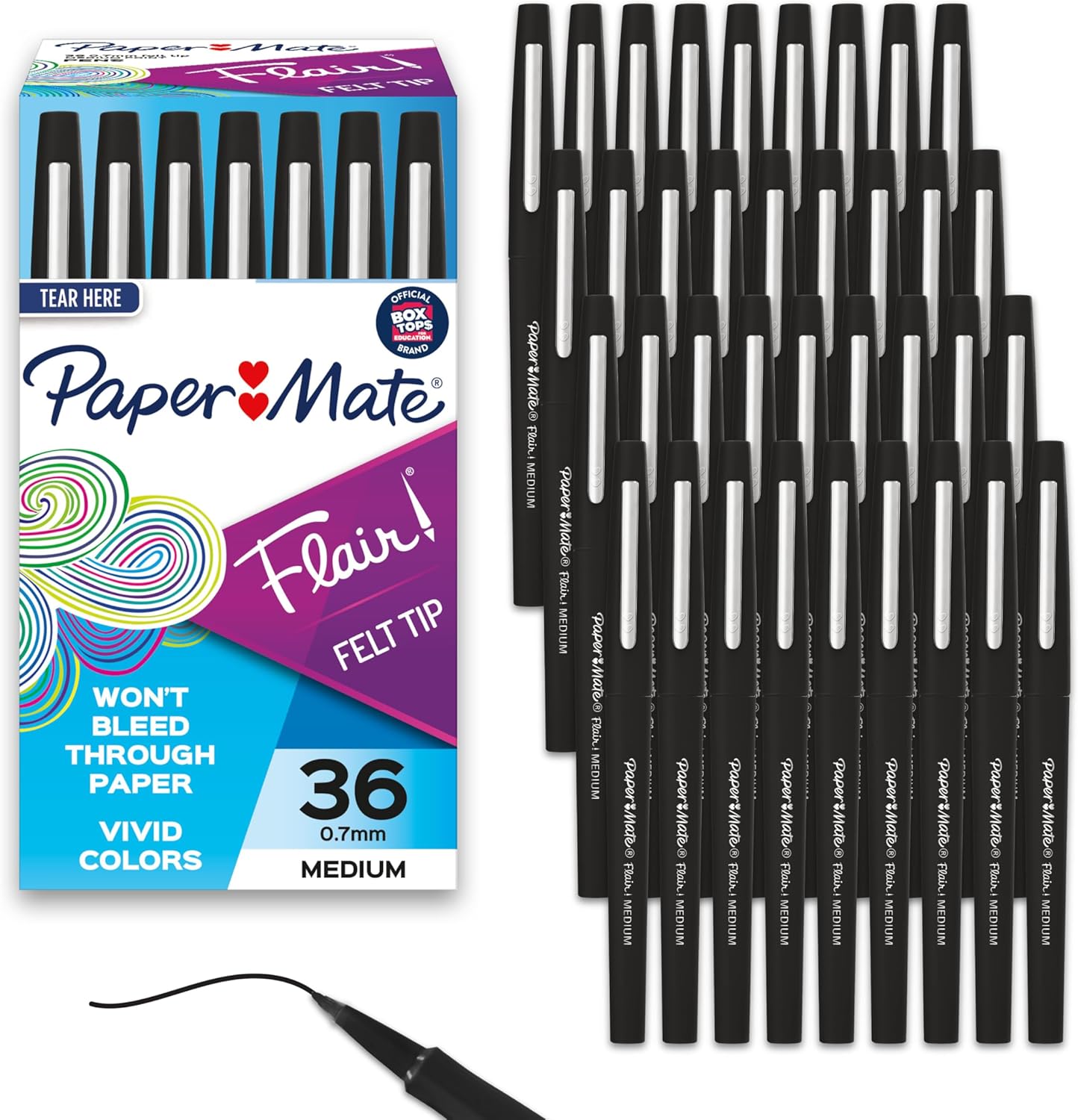 Paper Mate Flair Felt Tip Pens, Medium Point (0.7mm), Black, 36 Count 36 Count (Pack of 1) Pens