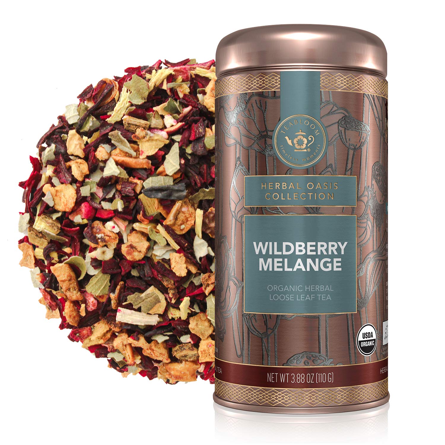 Teabloom Organic Herbal Tea, Wildberry Mélange Loose Leaf Tea, Berry Flavor Herbal Tea, USDA Organic Certified and Kosher Certified Fruit Tea Blend, 3.88 oz/110 g Canister Makes 35-50 CupsUSDA Organic