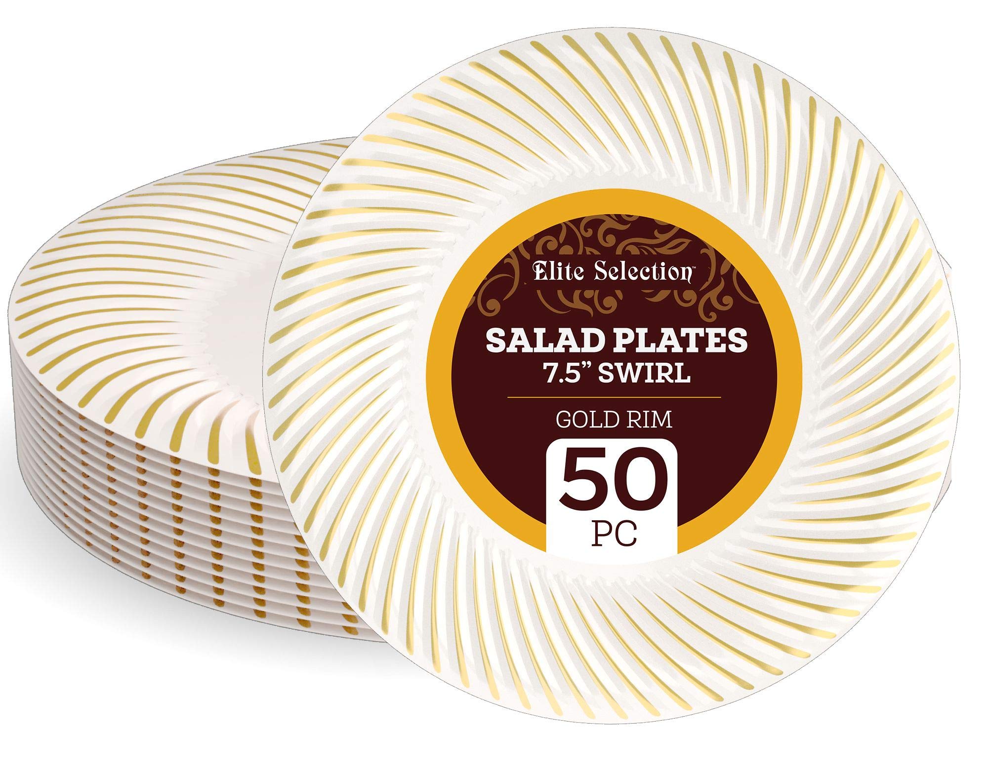 ELITE SELECTION Disposable Plastic Salad Plates - 50 Pack Premium Quality 7.5” Cream Plate with Elegant Gold Swirl Rim Design for Wedding, Birthday, Dinner Party