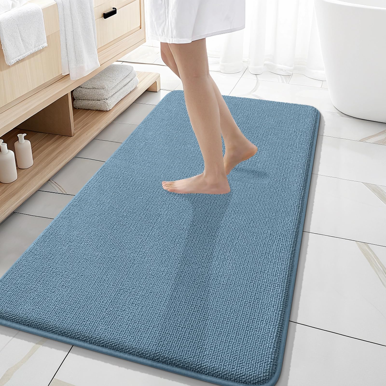 OLANLY Memory Foam Bathroom Runner Rug 47x20, Absorbent Long Mat, Airy Blue
