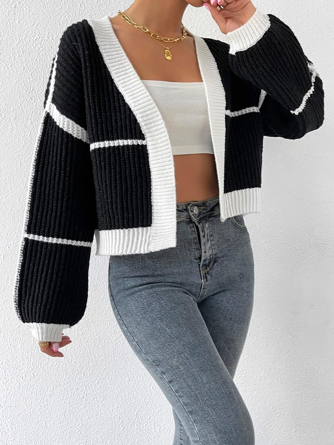 COZYEASE Women's Color Block Crop Cardigan Top Bishop Long Sleeve Open Front Sweater - Image 6