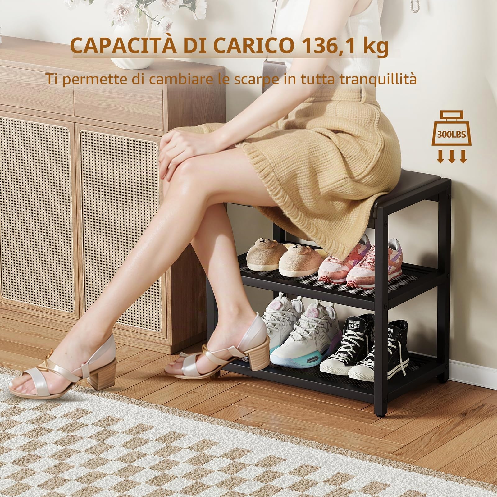 ZHOOGE Panca per scarpe, panca da ingresso con cuscino per seduta, organizer per scarpe stabile per ingresso, soggiorno, panca può contenere fino a 136 kg