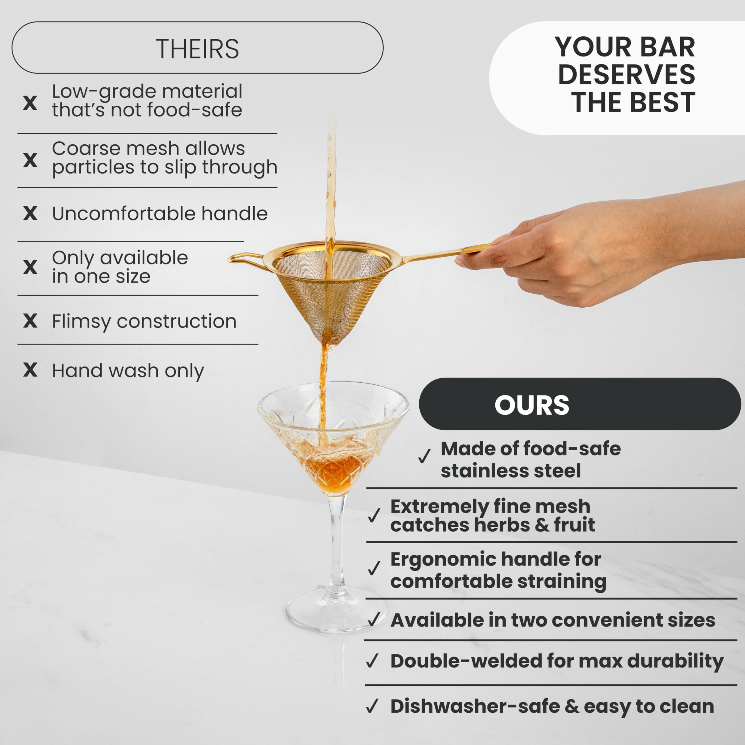 A Bar Above Colador profesional de malla fina para camarero, colador de cóctel de acero inoxidable 304 a prueba de óxido para bar en casa y camareros profesionales. Ideal para cócteles, hierbas de té,