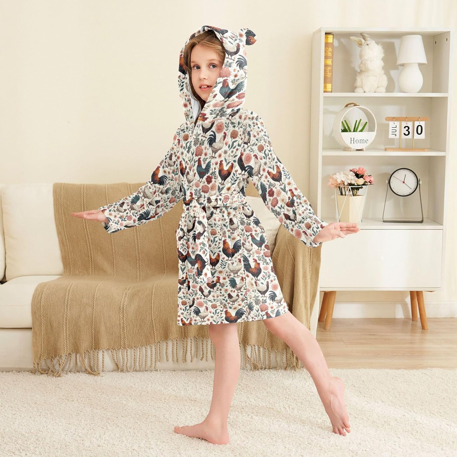 Chickens Hens Roosters Flowers Bathrobe Hooded PJ Robe Plush Fleece Robe Pajama Sleepwear 2-12 Years