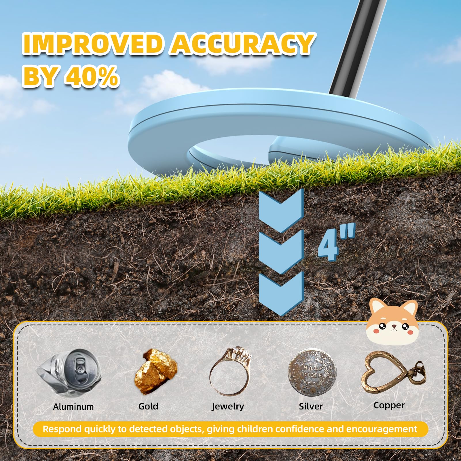 DR.ÖTEK Metal detector per bambini, rilevatore di metallo impermeabile per bambini con display LCD, stelo regolabile, pala e setaccio e grande borsa per il trasporto, Blu