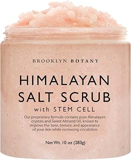 Brooklyn Botany Himalayan Salt & Stem Cell Body Scrub - Exfoliating Moisturizer for Face, Body, Hands, Feet - Fights Wrinkles, Stretch Marks, Fine Lines - 10oz