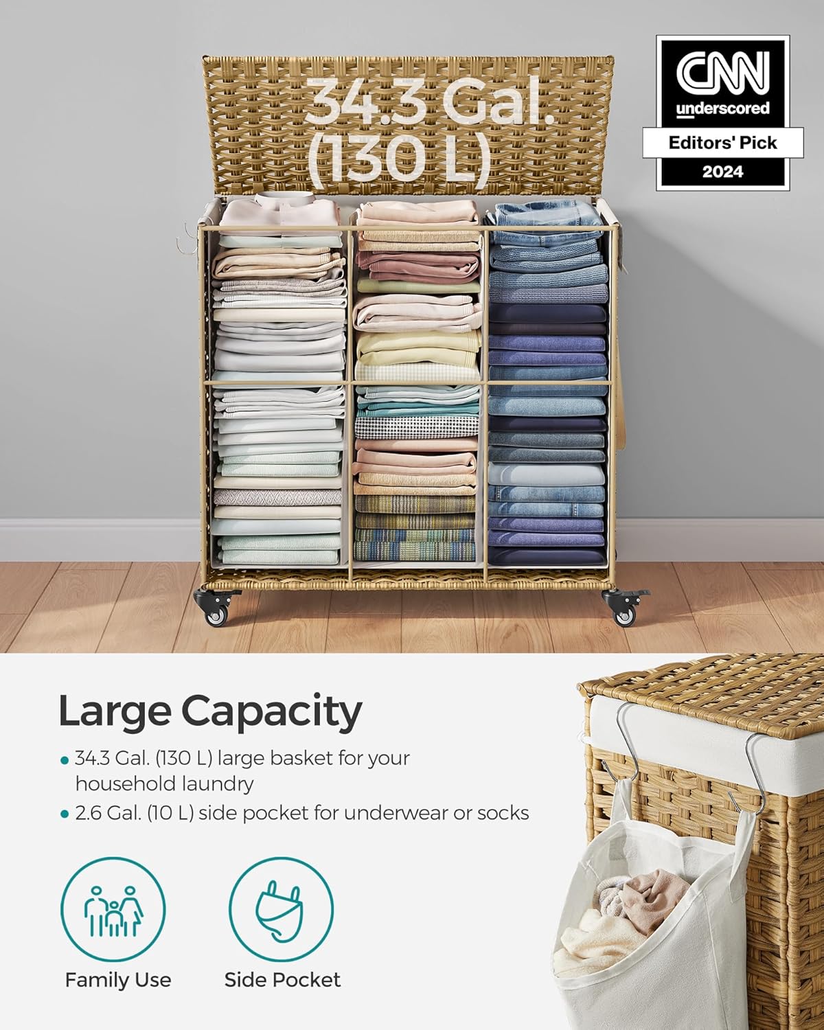 Natural Woven 3-Section Laundry Hamper with Wheels and Lid
