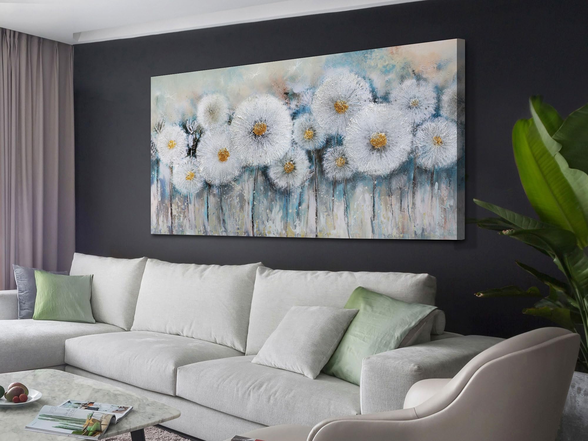 Acocifi Large Dandelion Canvas Wall Art Grey Elegant Flowers Landsape Painting Abstract Florals Picture Handmade 3D Textured Artwork Framed for Living Room Bedroom Bathroom Office Home Decor 58