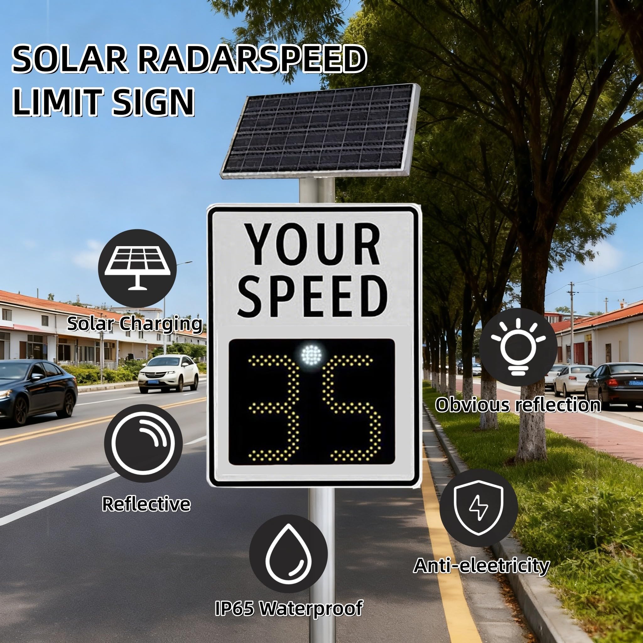 Señal de visualización de velocidad de radar, indicador de límite de velocidad intermitente, señal de retroalimentación LED alimentada por energía solar para uso en carretera y vecindario, 24 x 35