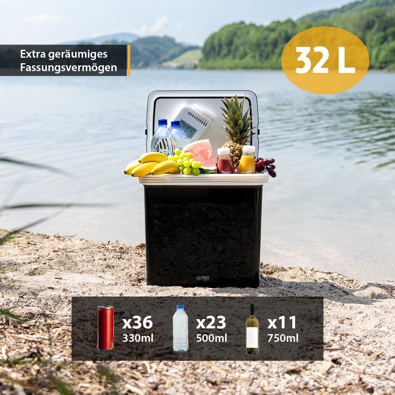 TZS First Austria - Elektrische Kühlbox 32L - Kühl- & Wärmefunktion - 12V/230V für Auto & Steckdose - Thermoelektrisch & Leise - Camping & Reise - Schwarz
