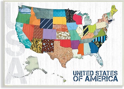 Stupell Industries Bordes acolchados con patrón de mapa de los Estados Unidos, diseñado por Lauren Gibbons, placa de pared, 10 x 15 pulgadas,