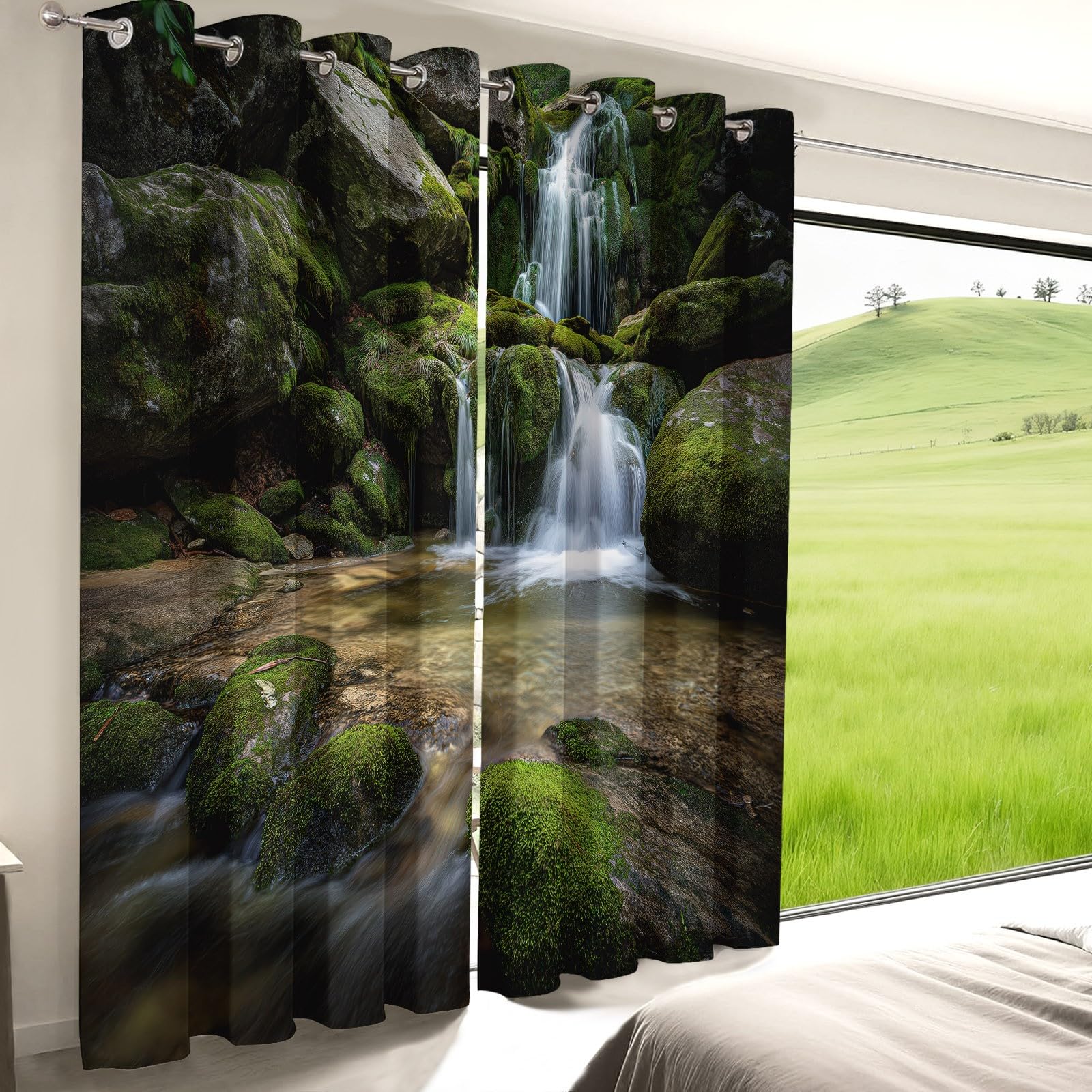 Kräuselband Gardinen Grün Blickdicht 2er Set H183×B117 cm, Natur Wald Moos Wasserfall Verdunklungsgardine mit ösen, Thermovorhang Hitzeschutz Vorhänge für Wohnzimmer & Schlafzimmer