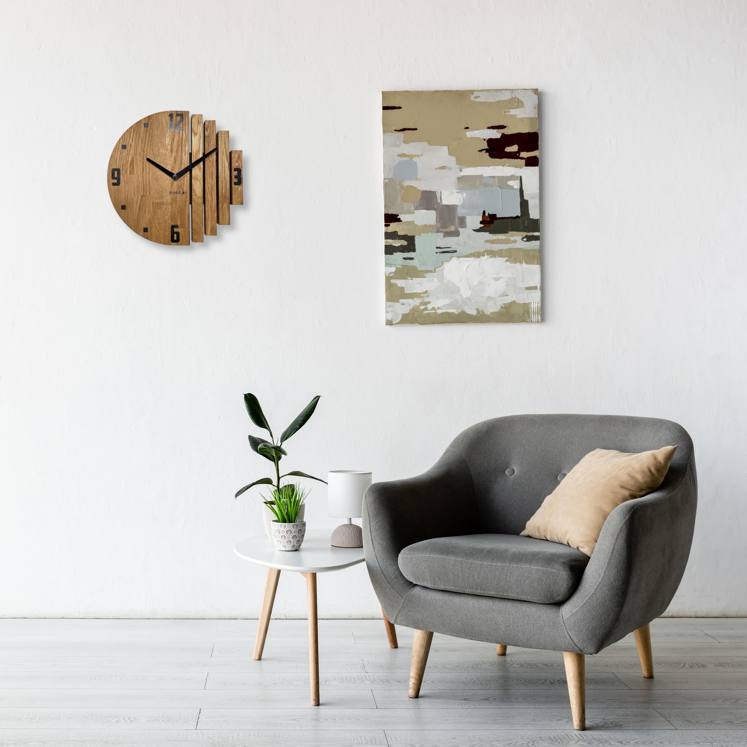 FLEXISTYLE Wanduhr modern Holz Eiche asymmetrisch 30cm lautlos ohne Tickgeräusche Designer Wanddekoration Wohnzimmer Küche Badezimmer Elegante wall Clock minimalistisch 30cm