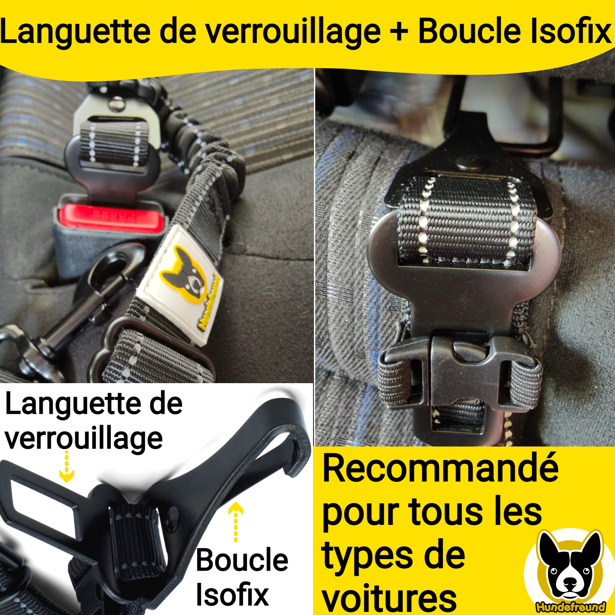 Hundefreund Ceinture de Sécurité pour Chien Voiture Extrêmement Sûre - Ceinture Chien Voiture Réglable avec Amortisseur pour Tous Les Types de Voitures et Toutes Les Races de Chiens