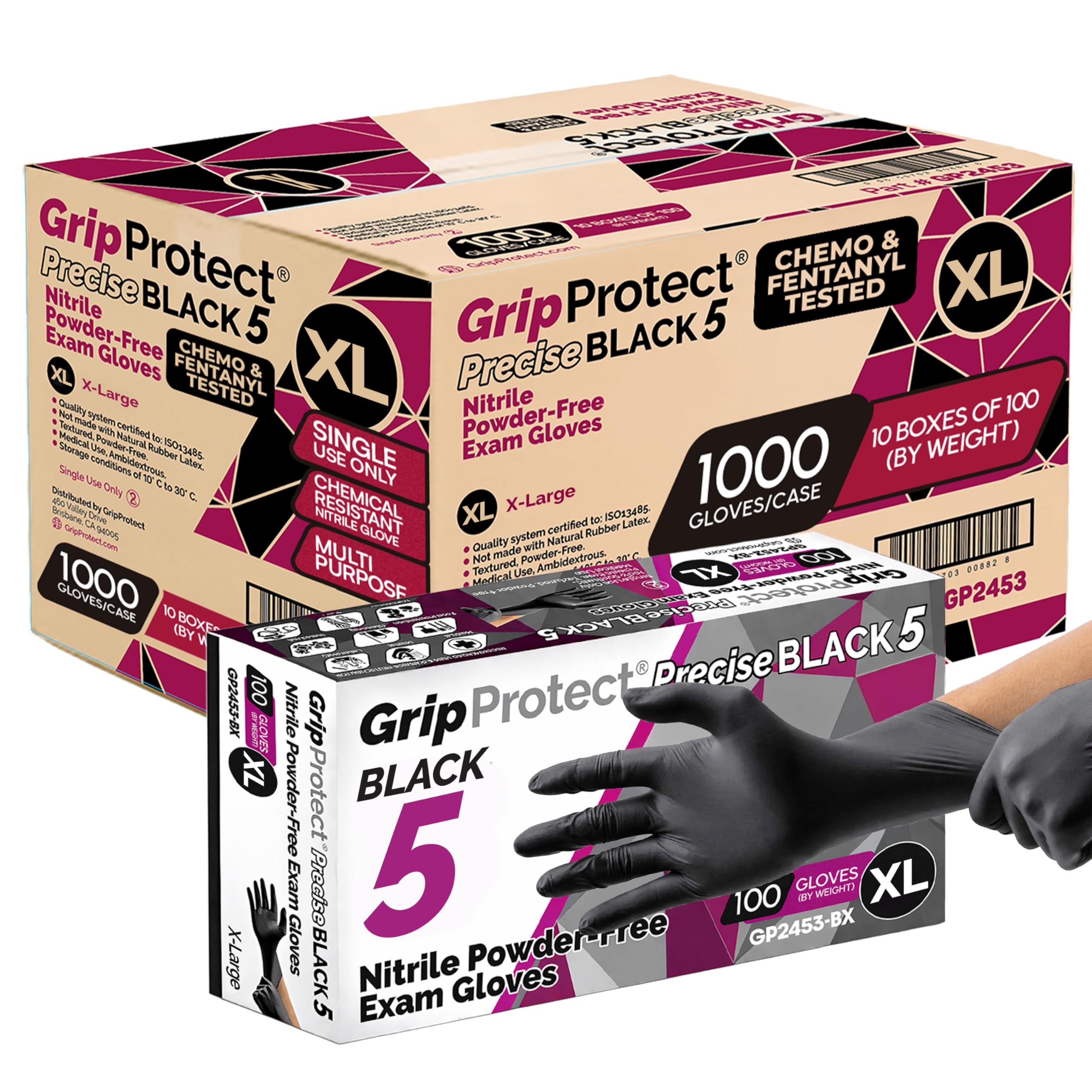 GripProtect Guantes de investigación de nitrilo negro de precisión 5 | guantes desechables sin polvo | médico, aplicación de la ley, tatuaje, agricultura, hidro, quimioterapia clasificada, resistente