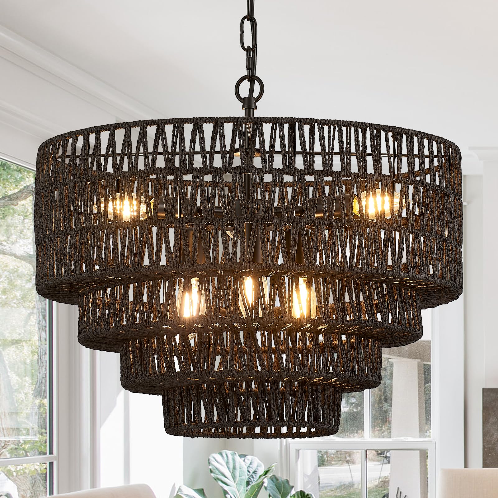 19.7" Black Hand-Woven Rattan Chandelier Vintage 6-Lights Farmhouse Boho Bamboo Black Chandelier Light Fixture Retro Drum Wicker Rattan Chandelier for Dining Room, Kitchen, E12