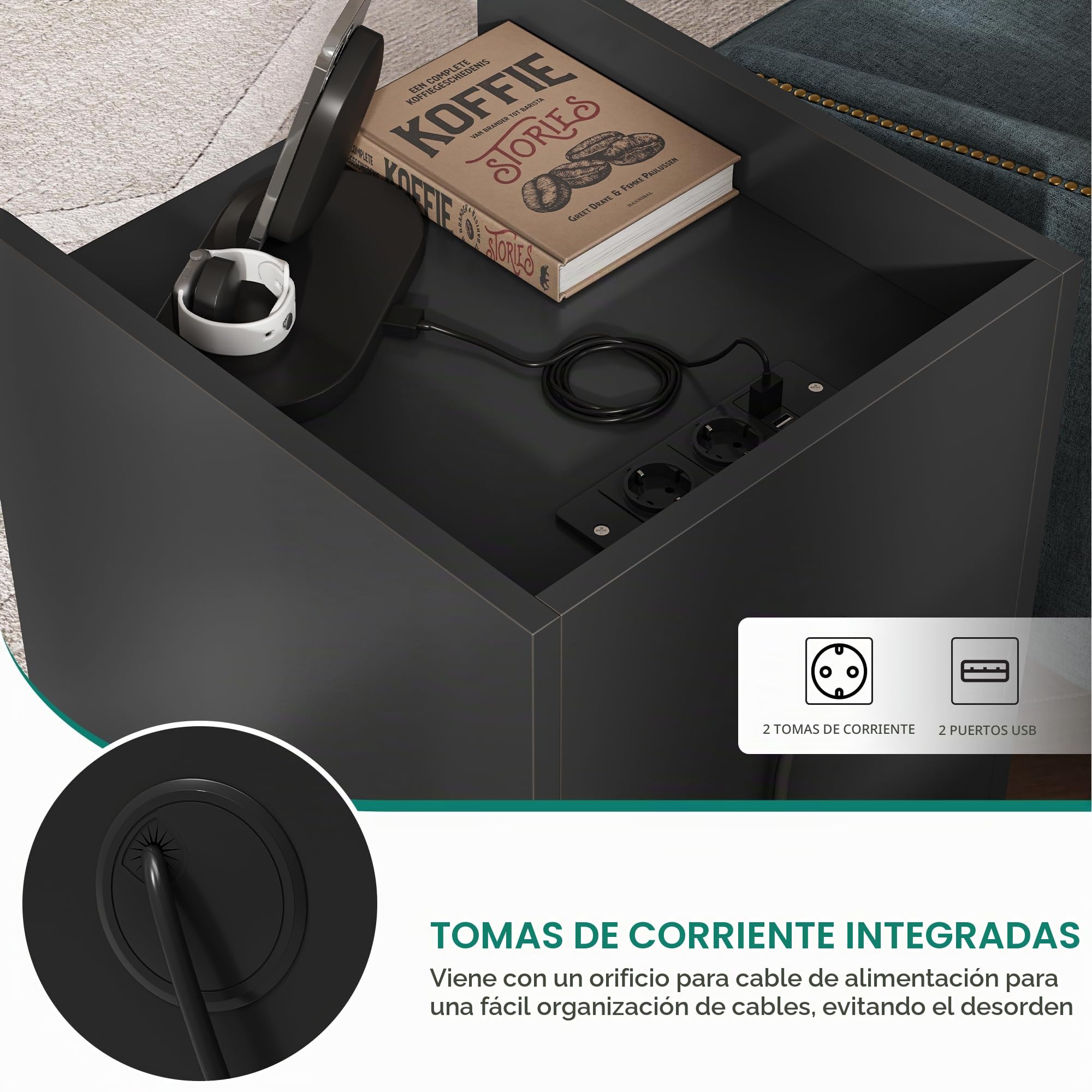 YITAHOME Mesita de Noche de 3 Cajones, Mesita de Noche con Estación de Carga, 2 Puertos y Tomas USB, Mesa Auxiliar Impermeable para Salón y Dormitorio, 35 x 40 x 60 cm (Negro)