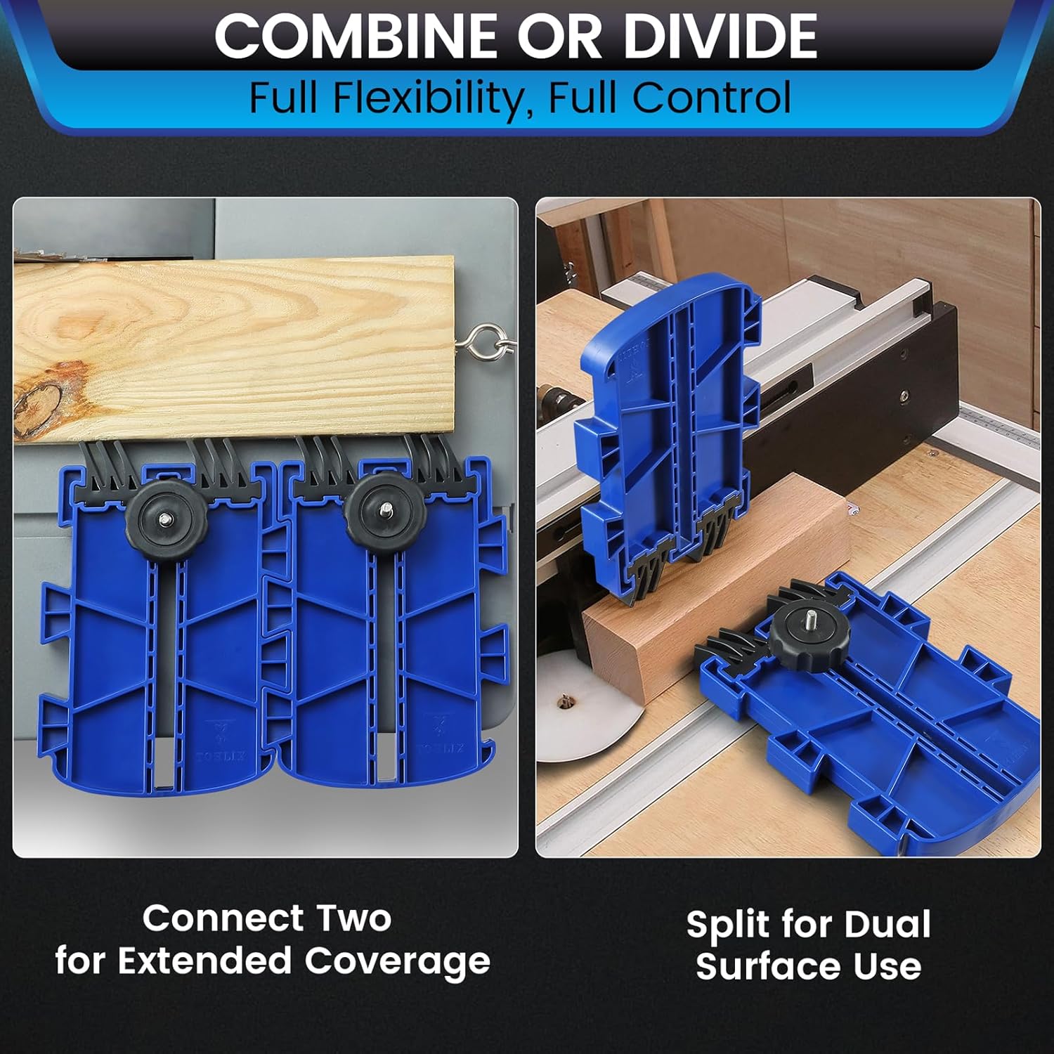 Featherboard for Table Saws, Router Tables & Band Saws – Kickback Prevention & Precision Feed Control Accessory for Safer Cutting Woodworking Tools – Dual-Leg Base with Flexible Arms, Blue & 2Packs