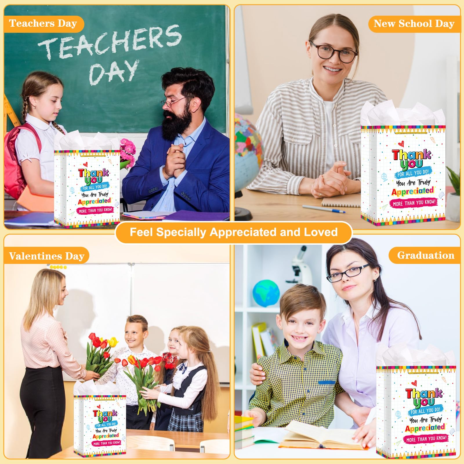 FaCraft Teacher Appreciation Gift Bags - 11.5" Teacher Gift Bag with Tissue Paper and Handles - Thank You for All You Do Bag for Graduation Retirement End of Year Teacher Gifts from Students